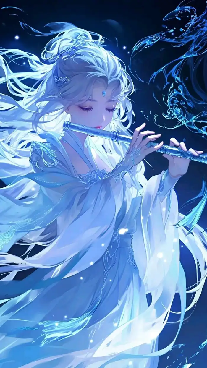 ảnh anime màu xanh dương nữ thổi sáo