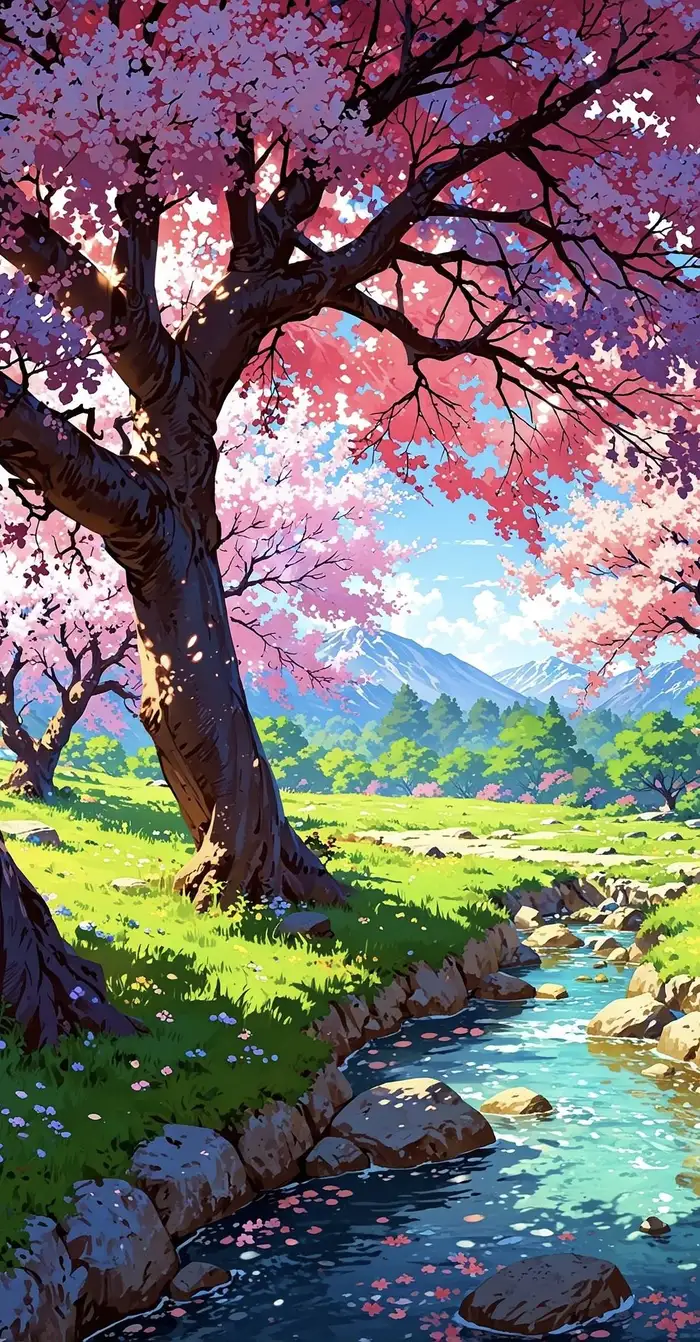 hình ảnh hoa anh đào anime bên suối