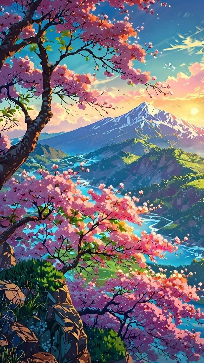 hình ảnh hoa anh đào anime nhiều màu