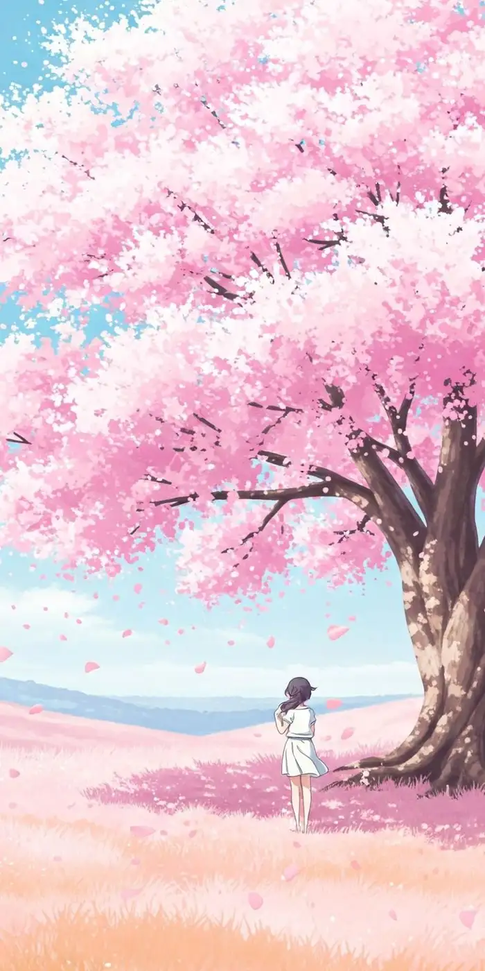 hình ảnh hoa anh đào anime trên thảo nguyên