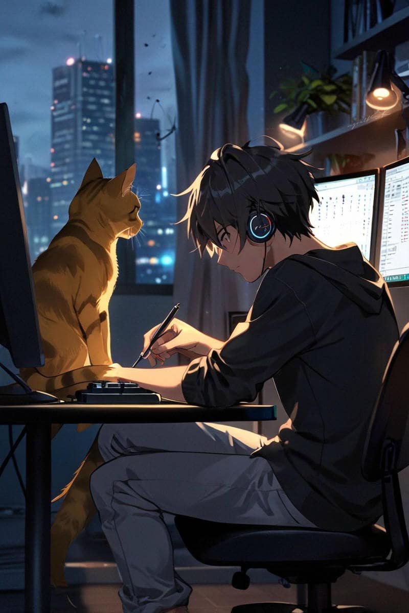 hình nền anime nam chill mèo